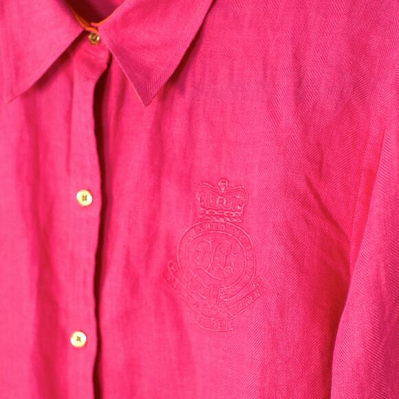 Lauren Ralph Lauren Hot Pink Linen Shirt w/ Embroidered Crest – Size L - Picture 2 of 5